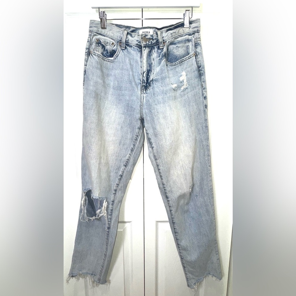 Pistola High Rise Straight Leg Distressed Raw Hem Jeans Light Wash Size 27 EUC
